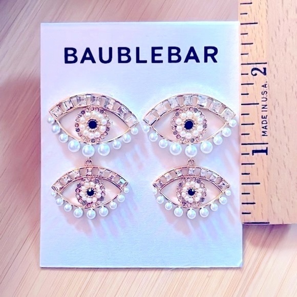 Brand New BaubleBar Evil Eye Beaded Pearl Rhinestone Gold Tone Drop Earrings - Picture 9 of 12